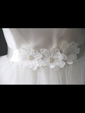 Satin Wedding Belt with hand-stitched flowers; White Floral Pearl Sash Belt